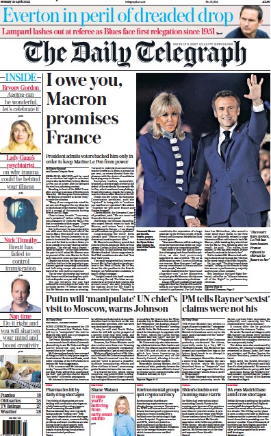 The Daily Telegraph Newspaper Front Page (UK) for 25 April 2022