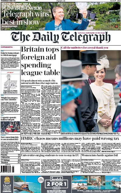 The Daily Telegraph Newspaper Front Page (UK) for 25 May 2016