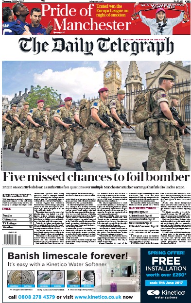 The Daily Telegraph Newspaper Front Page (UK) for 25 May 2017