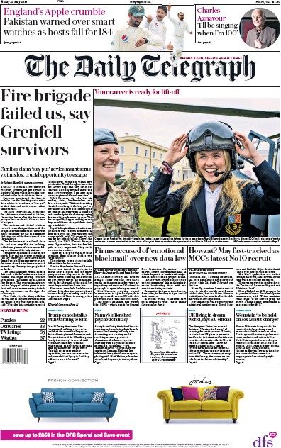 The Daily Telegraph Newspaper Front Page (UK) for 25 May 2018