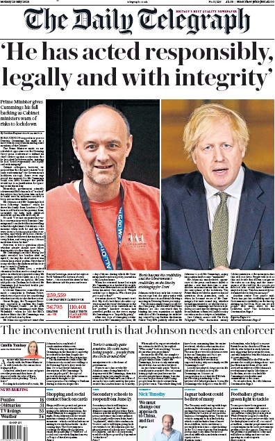 The Daily Telegraph Newspaper Front Page (UK) for 25 May 2020