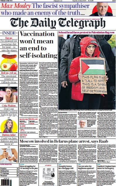 The Daily Telegraph Newspaper Front Page (UK) for 25 May 2021