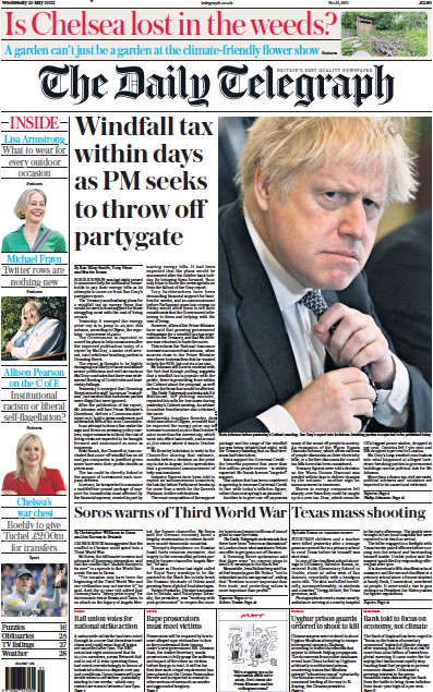 The Daily Telegraph Newspaper Front Page (UK) for 25 May 2022