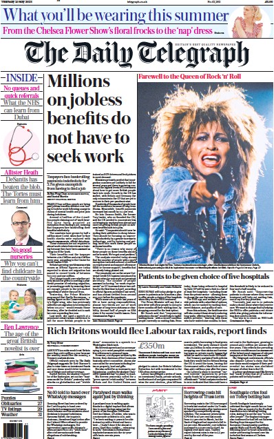 The Daily Telegraph Newspaper Front Page (UK) for 25 May 2023