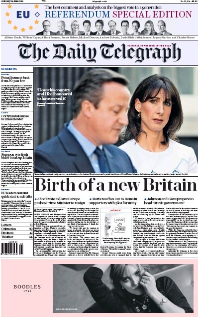 The Daily Telegraph Newspaper Front Page (UK) for 25 June 2016