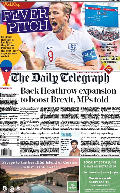 The Daily Telegraph Newspaper Front Page (UK) for 25 June 2018