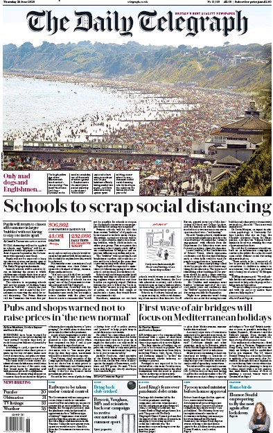 The Daily Telegraph Newspaper Front Page (UK) for 25 June 2020