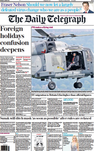 The Daily Telegraph Newspaper Front Page (UK) for 25 June 2021