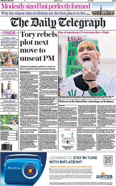 The Daily Telegraph Newspaper Front Page (UK) for 25 June 2022