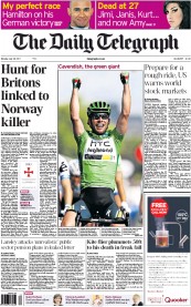 The Daily Telegraph Newspaper Front Page (UK) for 25 July 2011
