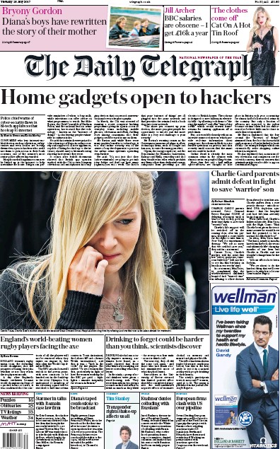 The Daily Telegraph Newspaper Front Page (UK) for 25 July 2017