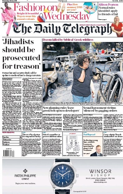 The Daily Telegraph Newspaper Front Page (UK) for 25 July 2018