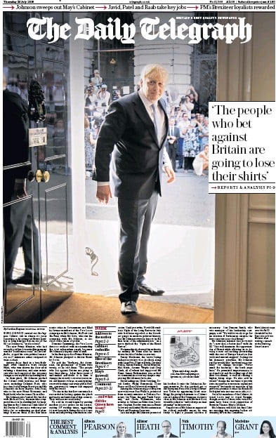 The Daily Telegraph Newspaper Front Page (UK) for 25 July 2019