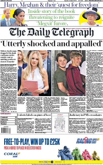 The Daily Telegraph Newspaper Front Page (UK) for 25 July 2020