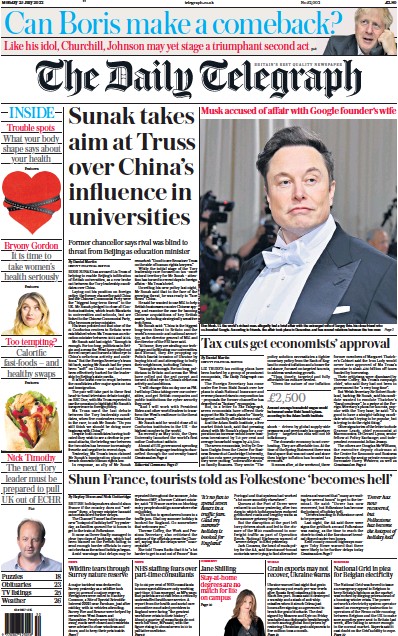 The Daily Telegraph Newspaper Front Page (UK) for 25 July 2022