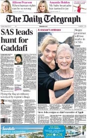The Daily Telegraph Newspaper Front Page (UK) for 25 August 2011