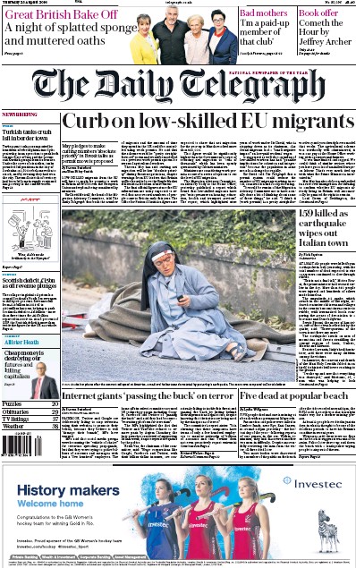 The Daily Telegraph Newspaper Front Page (UK) for 25 August 2016
