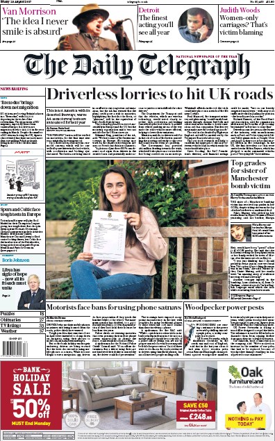 The Daily Telegraph Newspaper Front Page (UK) for 25 August 2017