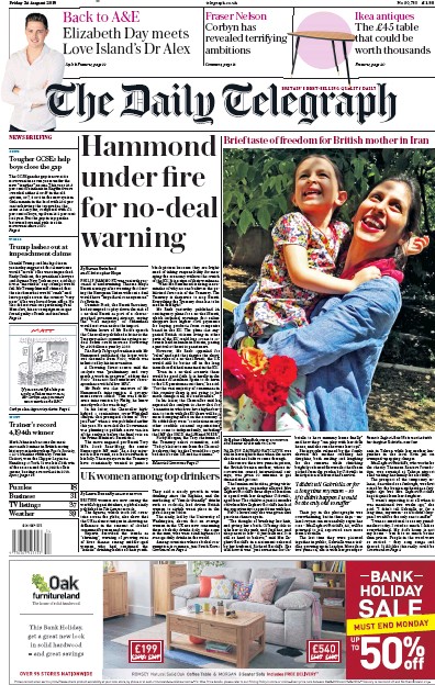 The Daily Telegraph Newspaper Front Page (UK) for 25 August 2018