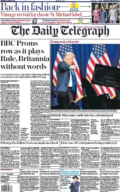The Daily Telegraph Newspaper Front Page (UK) for 25 August 2020