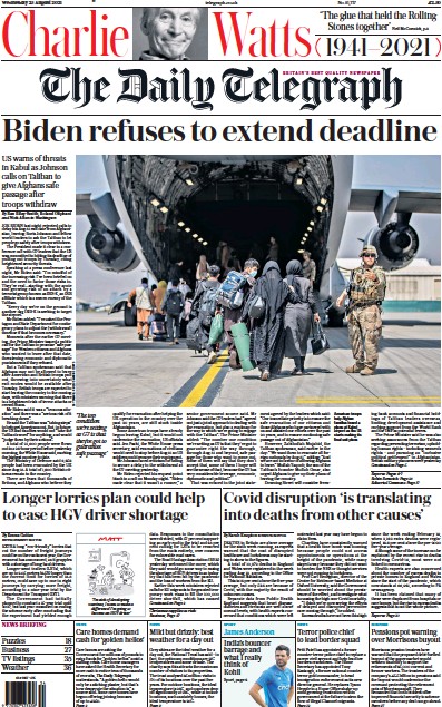 The Daily Telegraph Newspaper Front Page (UK) for 25 August 2021