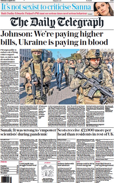The Daily Telegraph Newspaper Front Page (UK) for 25 August 2022