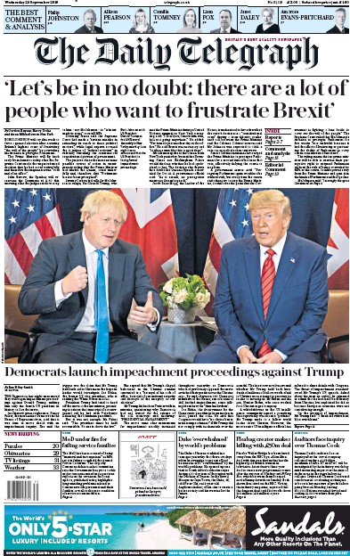 The Daily Telegraph Newspaper Front Page (UK) for 25 September 2019