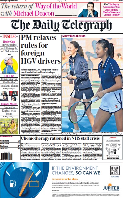 The Daily Telegraph Newspaper Front Page (UK) for 25 September 2021