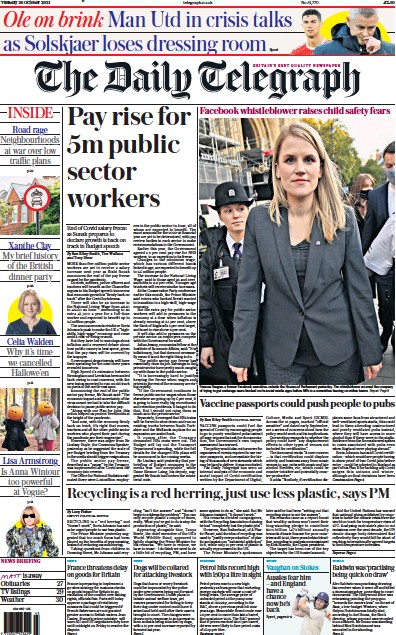 The Daily Telegraph Newspaper Front Page (UK) for 26 October 2021