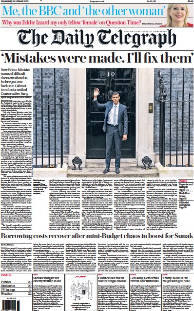 The Daily Telegraph Newspaper Front Page (UK) for 26 October 2022