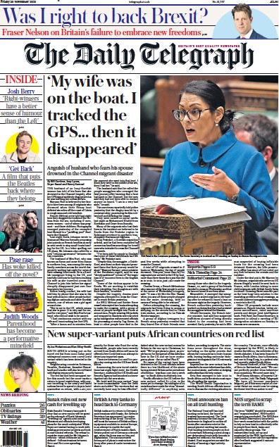 The Daily Telegraph Newspaper Front Page (UK) for 26 November 2021