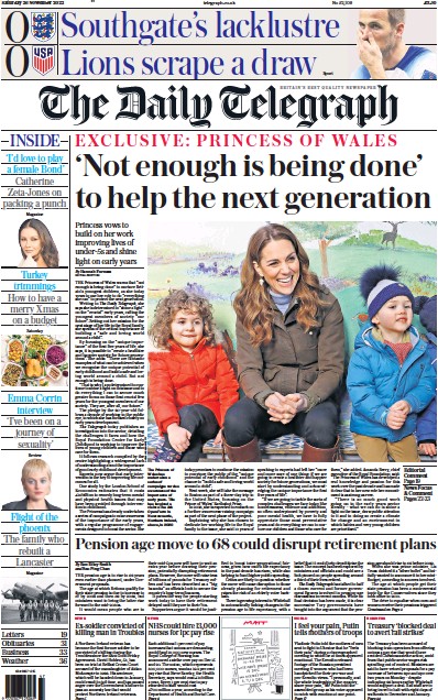 The Daily Telegraph Newspaper Front Page (UK) for 26 November 2022