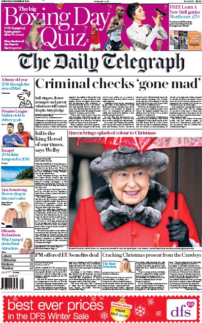 The Daily Telegraph Newspaper Front Page (UK) for 26 December 2015