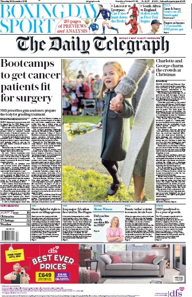 The Daily Telegraph Newspaper Front Page (UK) for 26 December 2019