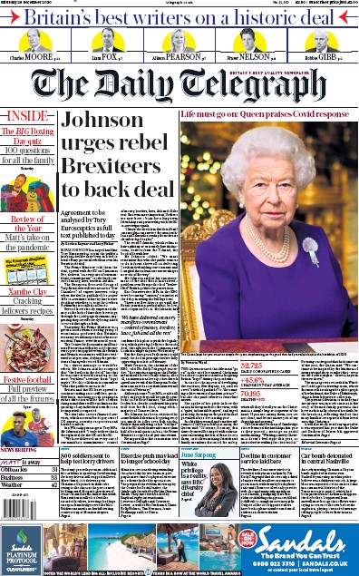 The Daily Telegraph Newspaper Front Page (UK) for 26 December 2020