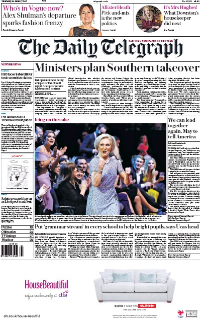 The Daily Telegraph Newspaper Front Page (UK) for 26 January 2017