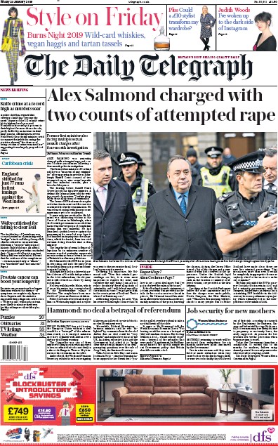The Daily Telegraph Newspaper Front Page (UK) for 26 January 2019