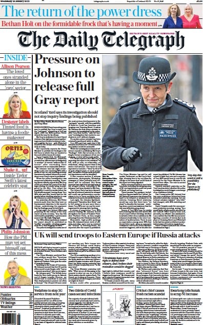 The Daily Telegraph Newspaper Front Page (UK) for 26 January 2022