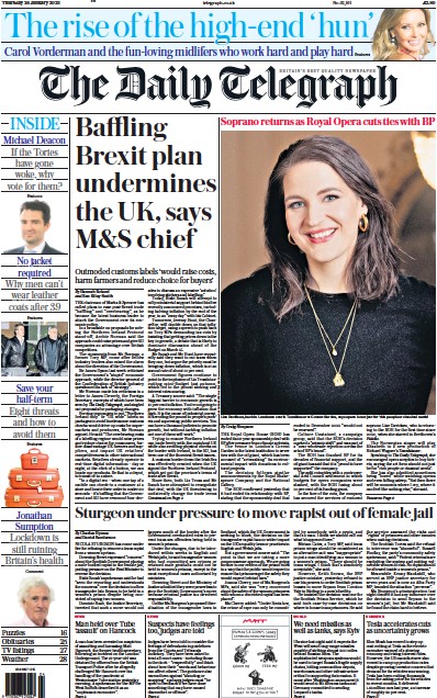 The Daily Telegraph Newspaper Front Page (UK) for 26 January 2023