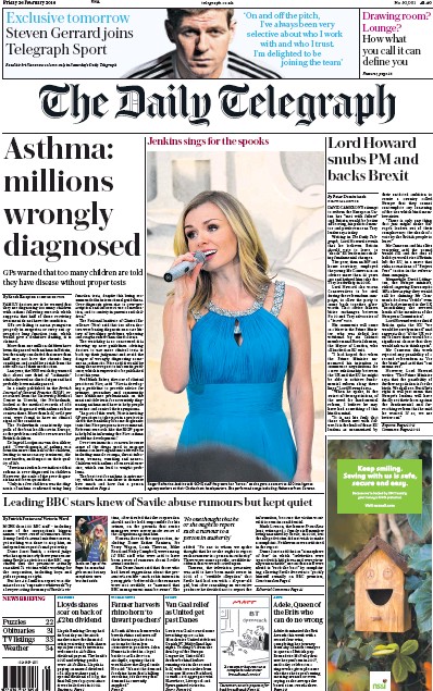 The Daily Telegraph Newspaper Front Page (UK) for 26 February 2016