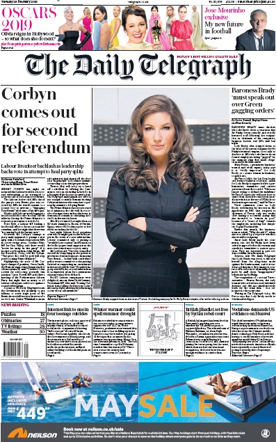 The Daily Telegraph Newspaper Front Page (UK) for 26 February 2019