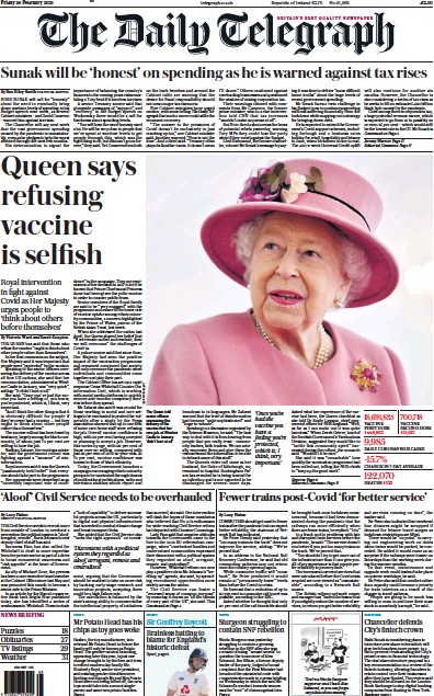 The Daily Telegraph Newspaper Front Page (UK) for 26 February 2021