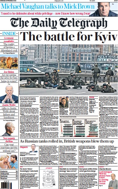 The Daily Telegraph Newspaper Front Page (UK) for 26 February 2022