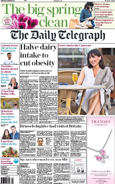 The Daily Telegraph Newspaper Front Page (UK) for 26 March 2016