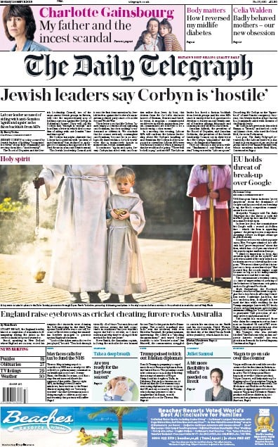 The Daily Telegraph Newspaper Front Page (UK) for 26 March 2018