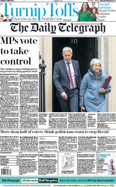 The Daily Telegraph Newspaper Front Page (UK) for 26 March 2019