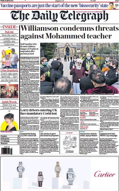 The Daily Telegraph Newspaper Front Page (UK) for 26 March 2021
