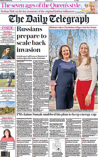 The Daily Telegraph Newspaper Front Page (UK) for 26 March 2022