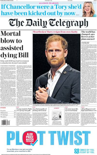 The Daily Telegraph Newspaper Front Page (UK) for 26 March 2025