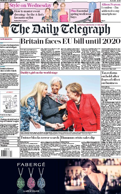 The Daily Telegraph Newspaper Front Page (UK) for 26 April 2017